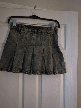 Nasty Gal Washed Gray Pleated Denim Mini Skirt